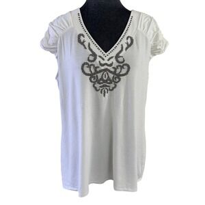 Alfani Y2K White Boho Metallic Beaded Medallion V-Neck Cap Sleeve Top Stretch XL